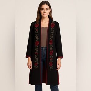 MAXSPORT Duster Cardigan Black Red Embroidered Roses Floral Knit Open Front L